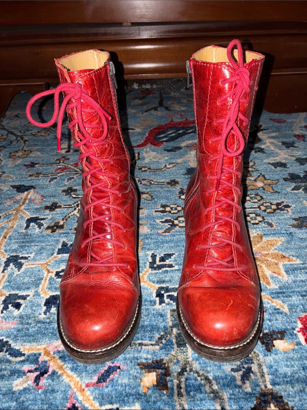 Branko Anatomic Collection Red Lace-Up Leather Combat Boots - Size 39